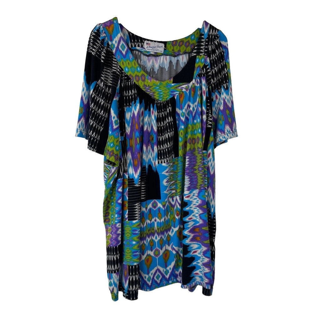 A Personal Touch Tunic Women 5X Multi Ikat Print V-Neck Scoop SS Boho US Made